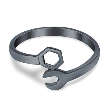 Mechanical Wrench Band Black Tone, Plain Ring 925 Sterling Silver